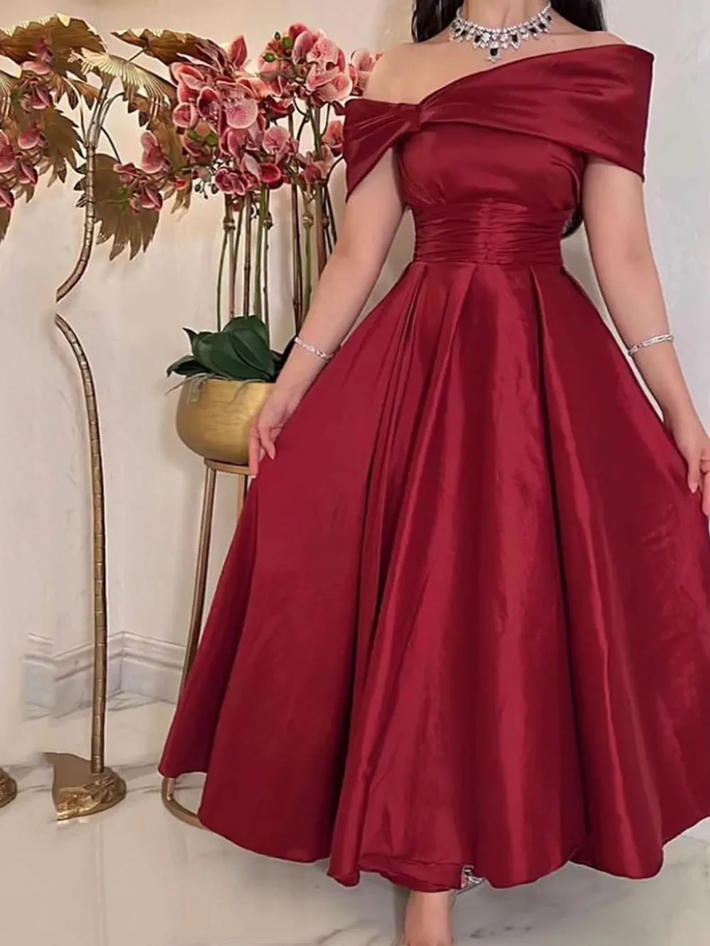 Dark Red Satin Midi Prom Dress Off-Shoulder Ankle-Length Formal Gown