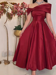 Dark Red Satin Midi Prom Dress Off-Shoulder Ankle-Length Formal Gown