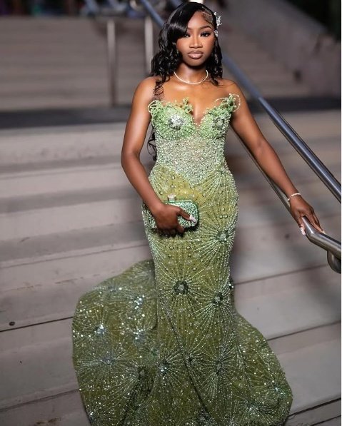 Green Mermaid Long Evening Gown Shinny Prom Dress for Women fg7075