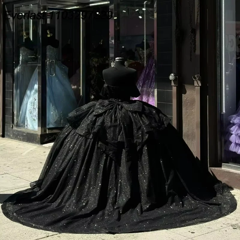 Shiny Black Ball Gown Quinceanera Dress with Beaded Crystal Bow