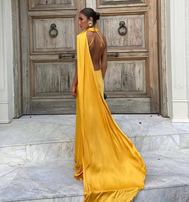 Backless Satin Ribbon Sleeveless Evening Prom Dress Long Elegant