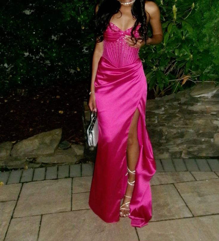 Fuchsia Sweetheart Mermaid Prom Dress Satin Long Split Gown