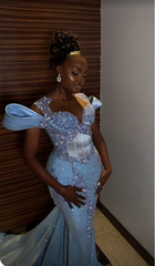 Sparkly Rhinestones Blue Mermaid Long Prom Evening Dress