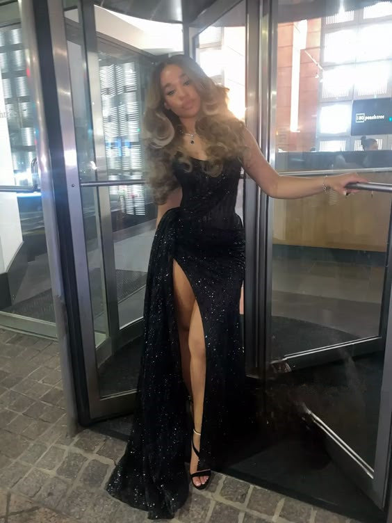 Black Long Prom Dress with Slit and Strapless Evening Gown