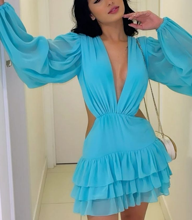 Chiffon Long Sleeve Deep V-Neck Short Prom Party Dress Elegant