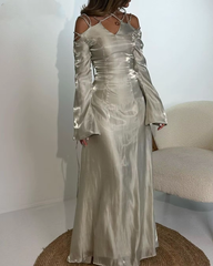 Silver Grey Satin V-Neck Lace-Up Prom Dress with Flare Sleeves