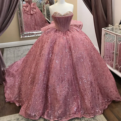 Pink Sequined Tulle Ball Gown Off-Shoulder Corset Quinceanera Dress