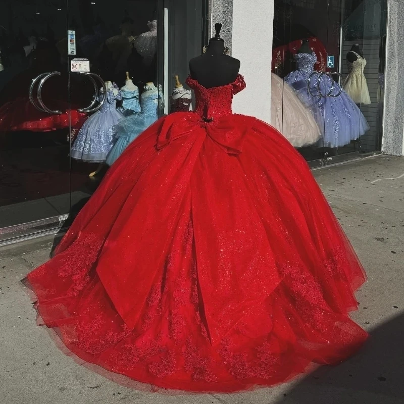 Red Tulle Ball Gown with Lace Appliques and Beaded Bow