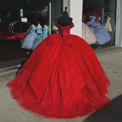 Red Tulle Ball Gown with Lace Appliques and Beaded Bow