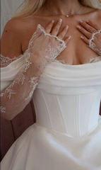 Satin Off-Shoulder Lace Slit Long-Sleeve Wedding Dress Built-in Bra