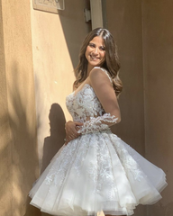 A-Line Short Wedding Dress with Lace Appliques and Long Sleeves
