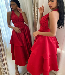 Pleated Satin Halter Backless A-Line Tea-Length Evening Dress Red