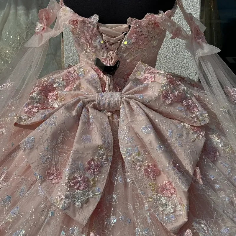Light Pink Quinceanera Off Shoulder Lace Appliques Ball Gown Dress