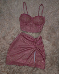 Sequin Pink Two-Piece Strapless Short Evening Dress for Homecoming