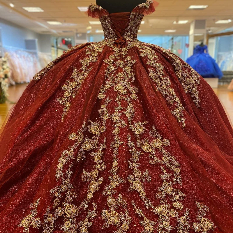 Dark Red Sequin Quinceanera Ball Gown Lace-Up Tulle Prom Dress
