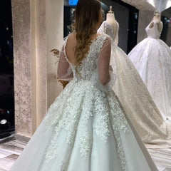 A-Line V-Neck Wedding Dress with Appliques Lace and Puffy Long Sleeves