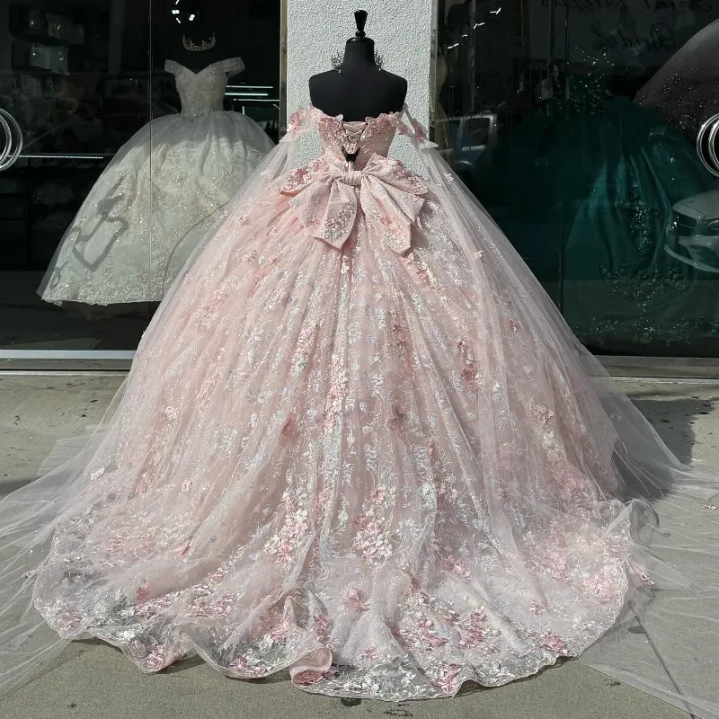 Light Pink Quinceanera Off Shoulder Lace Appliques Ball Gown Dress