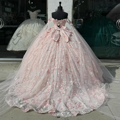 Light Pink Quinceanera Off Shoulder Lace Appliques Ball Gown Dress