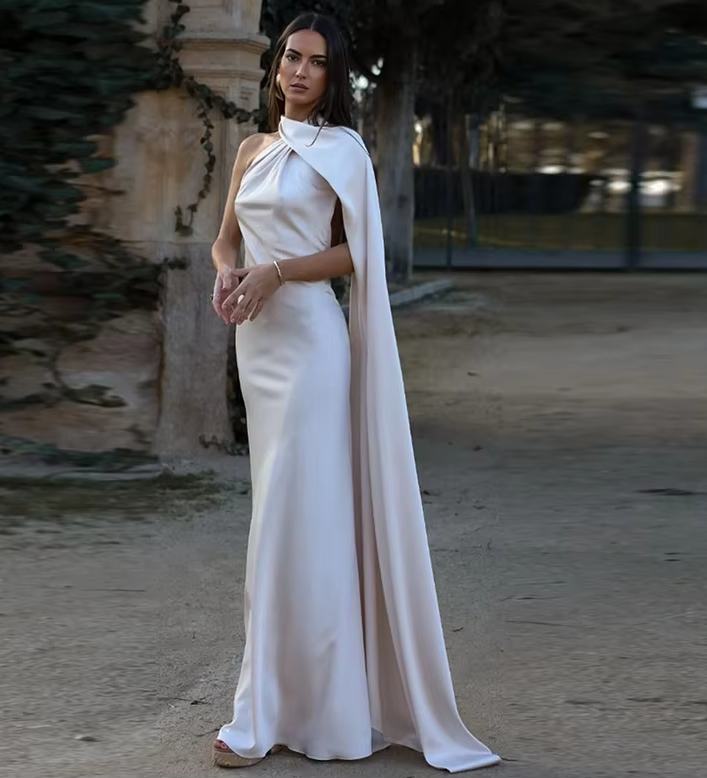 Backless Satin Ribbon Sleeveless Evening Prom Dress Long Elegant