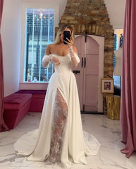 Satin Off-Shoulder Lace Slit Long-Sleeve Wedding Dress Built-in Bra