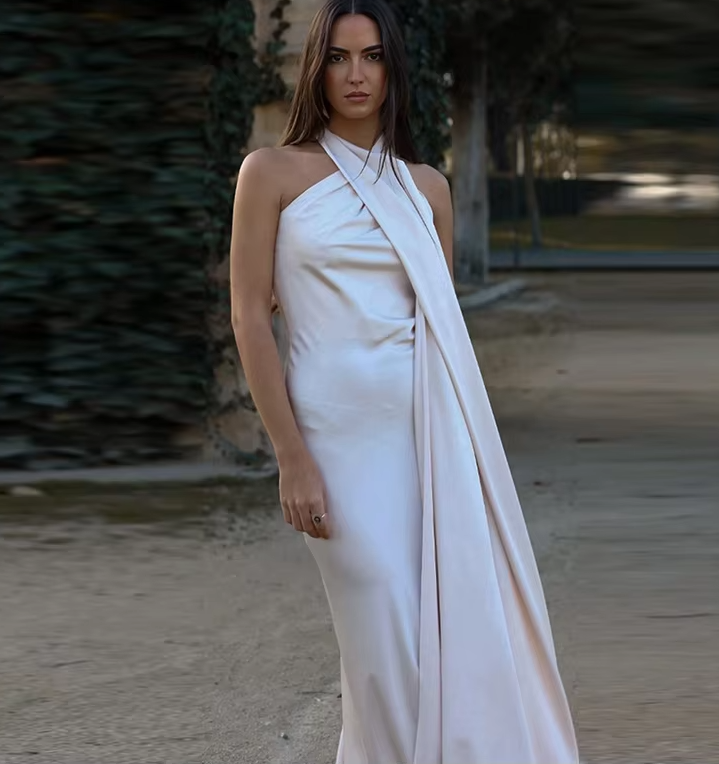 Backless Satin Ribbon Sleeveless Evening Prom Dress Long Elegant