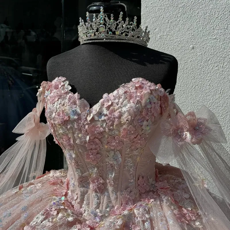 Light Pink Quinceanera Off Shoulder Lace Appliques Ball Gown Dress