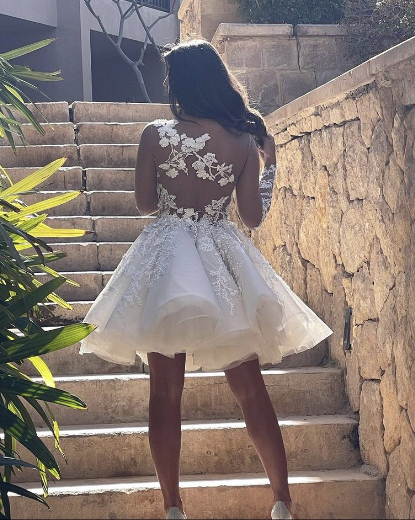 A-Line Short Wedding Dress with Lace Appliques and Long Sleeves A-Line Short Wedding Dress with Lace Appliques and Long Sleeves