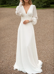 Ivory Lace Long-Sleeve Chiffon Wedding Gown with Button Back Train