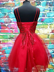 A-Line V-Neck Short Lace Prom Dress Tulle Sleeveless Lace-Up
