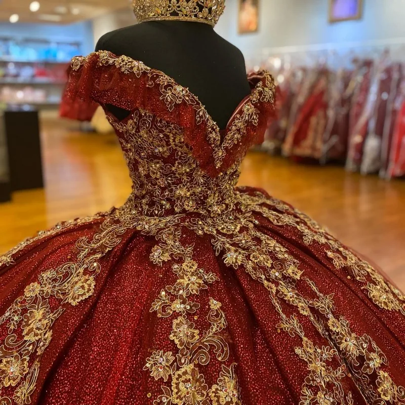 Dark Red Sequin Quinceanera Ball Gown Lace-Up Tulle Prom Dress