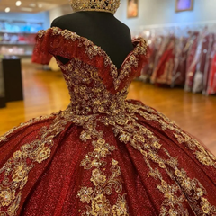 Dark Red Sequin Quinceanera Ball Gown Lace-Up Tulle Prom Dress