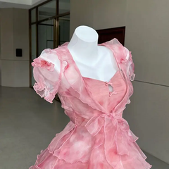 Pink Tulle A-Line Homecoming Dress Short Sleeve Party Gown
