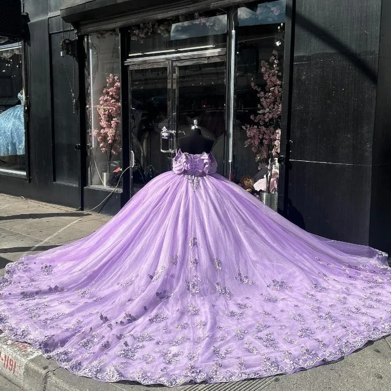 Lilac Off-Shoulder Ball Gown with 3D Floral Tulle Skirt