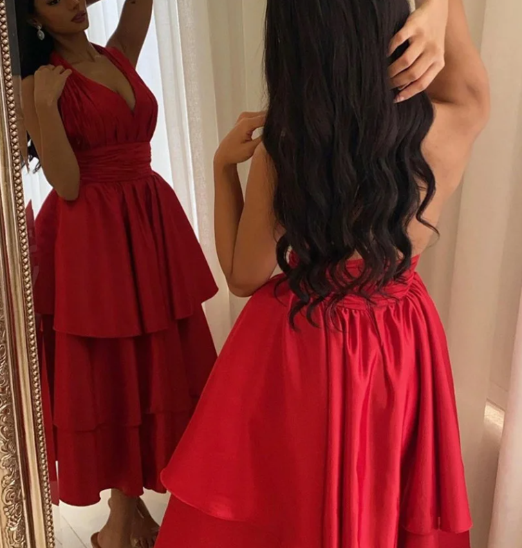 Pleated Satin Halter Backless A-Line Tea-Length Evening Dress Red