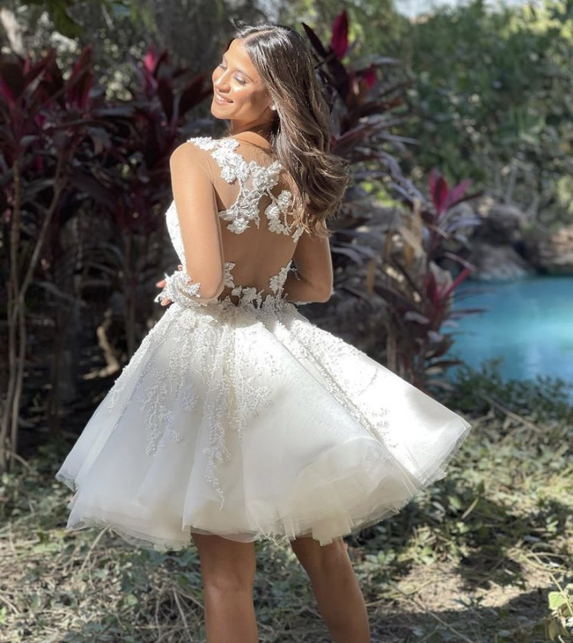 A-Line Short Wedding Dress with Lace Appliques and Long Sleeves