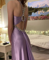 Glamorous Purple Satin Beaded Long Prom Evening Gown Dress