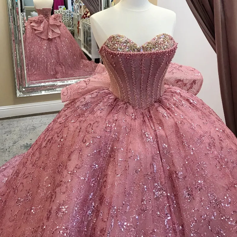 Pink Sequined Tulle Ball Gown Off-Shoulder Corset Quinceanera Dress
