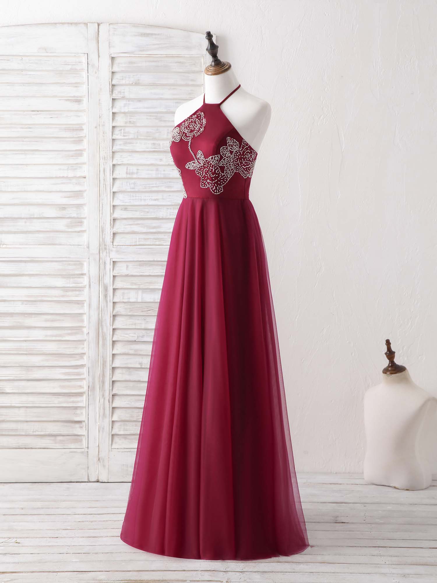 Elegant Burgundy Tulle Beaded Long Prom Dress, Stunning Evening Gown
