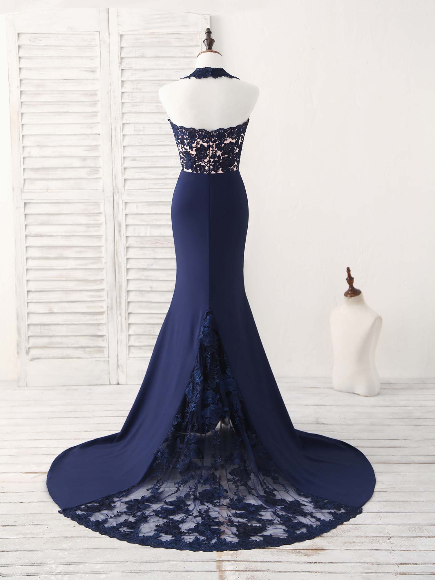 Elegant Dark Blue Lace Mermaid Long Prom Dress Bridesmaid Gown Elegant Dark Blue Lace Mermaid Long Prom Dress Bridesmaid Gown