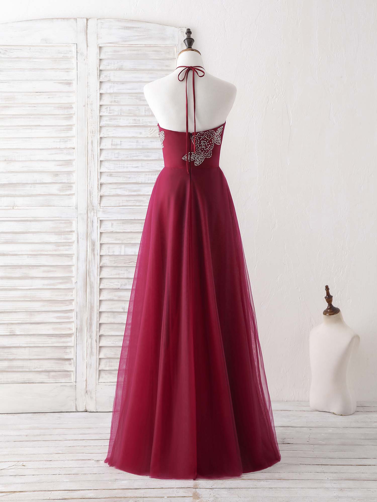 Elegant Burgundy Tulle Beaded Long Prom Dress, Stunning Evening Gown Elegant Burgundy Tulle Beaded Long Prom Dress, Stunning Evening Gown