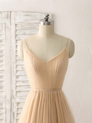 Elegant V-Neck Tulle Chiffon Long Prom Dress Champagne Bridesmaid Gown