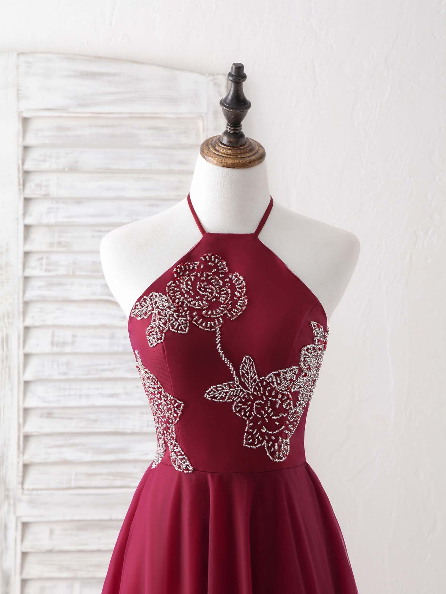 Elegant Burgundy Tulle Beaded Long Prom Dress, Stunning Evening Gown Elegant Burgundy Tulle Beaded Long Prom Dress, Stunning Evening Gown