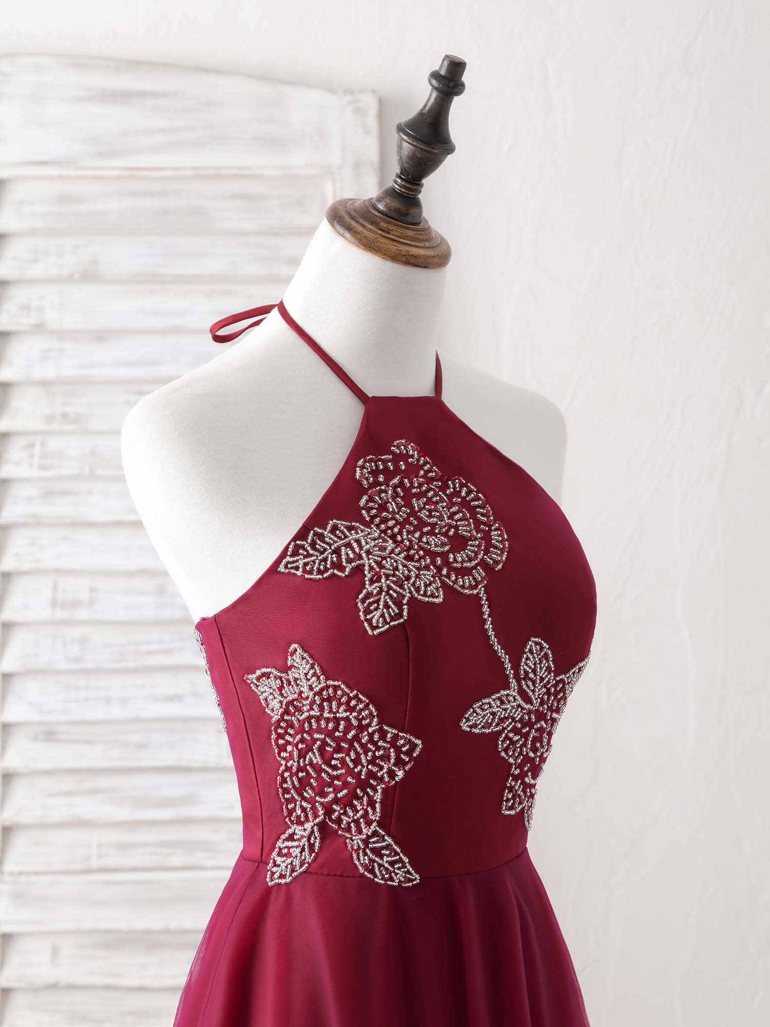 Elegant Burgundy Tulle Beaded Long Prom Dress, Stunning Evening Gown