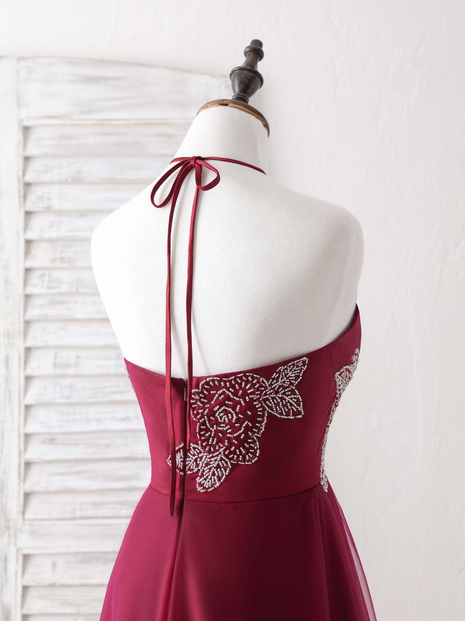 Elegant Burgundy Tulle Beaded Long Prom Dress, Stunning Evening Gown