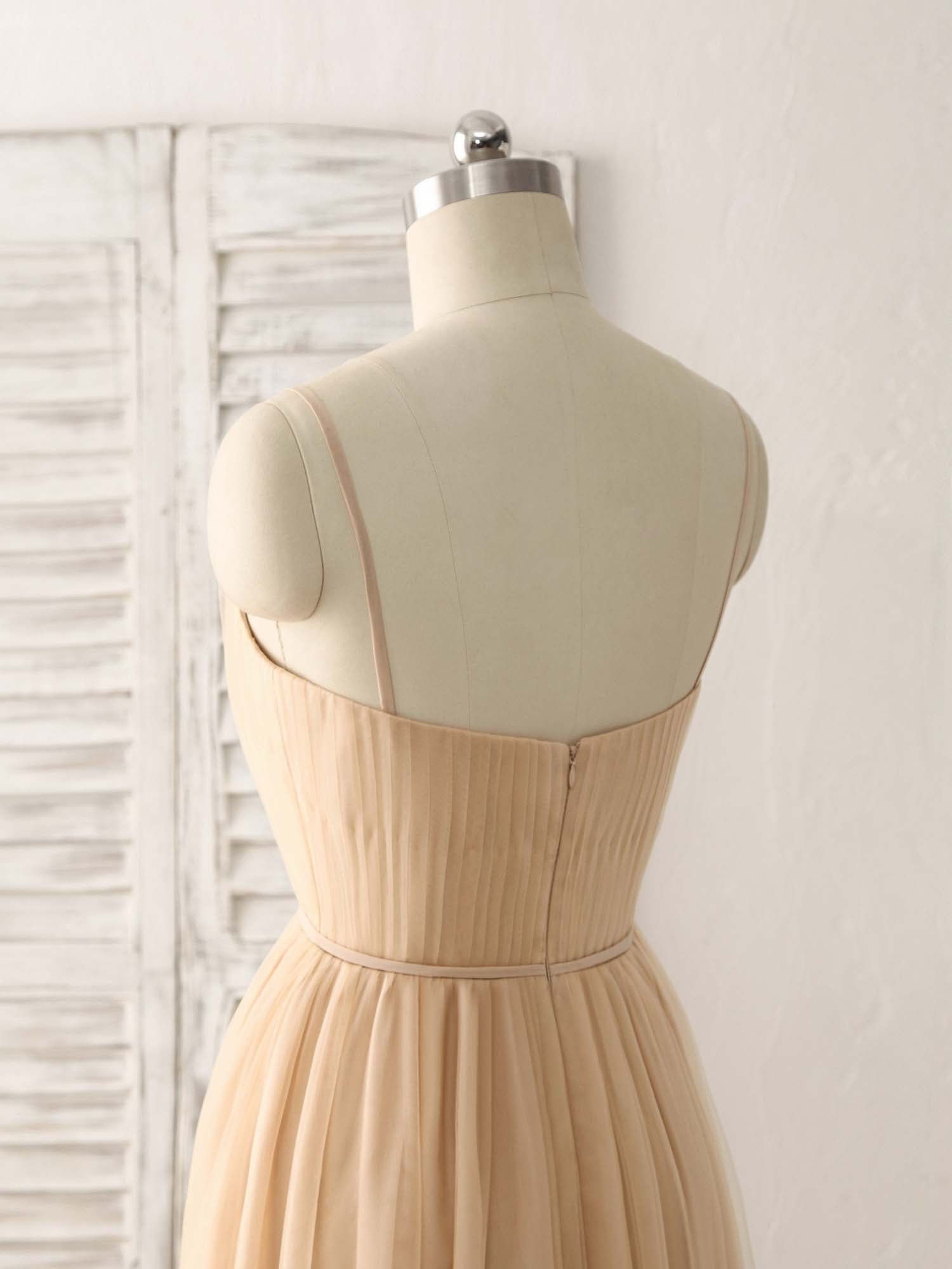 Elegant V-Neck Tulle Chiffon Long Prom Dress Champagne Bridesmaid Gown