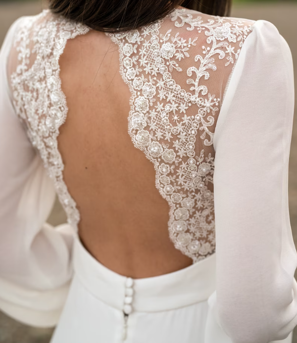 Ivory Lace Long-Sleeve Chiffon Wedding Gown with Button Back Train