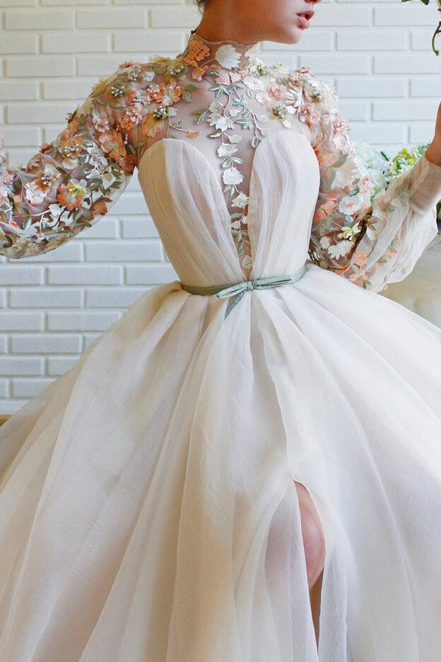 Elegant High Collar White Mermaid Evening Gown with Long Sleeves and Floral Details
