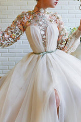 Elegant High Collar White Mermaid Evening Gown with Long Sleeves and Floral Details