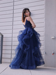 Navy Spaghetti-Strap Ruffled High-Low Prom Dress with Split