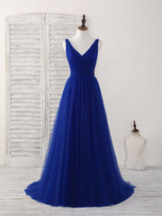 Elegant Royal Blue Tulle V-Neck Long Prom Dress for Bridesmaids and Evenings